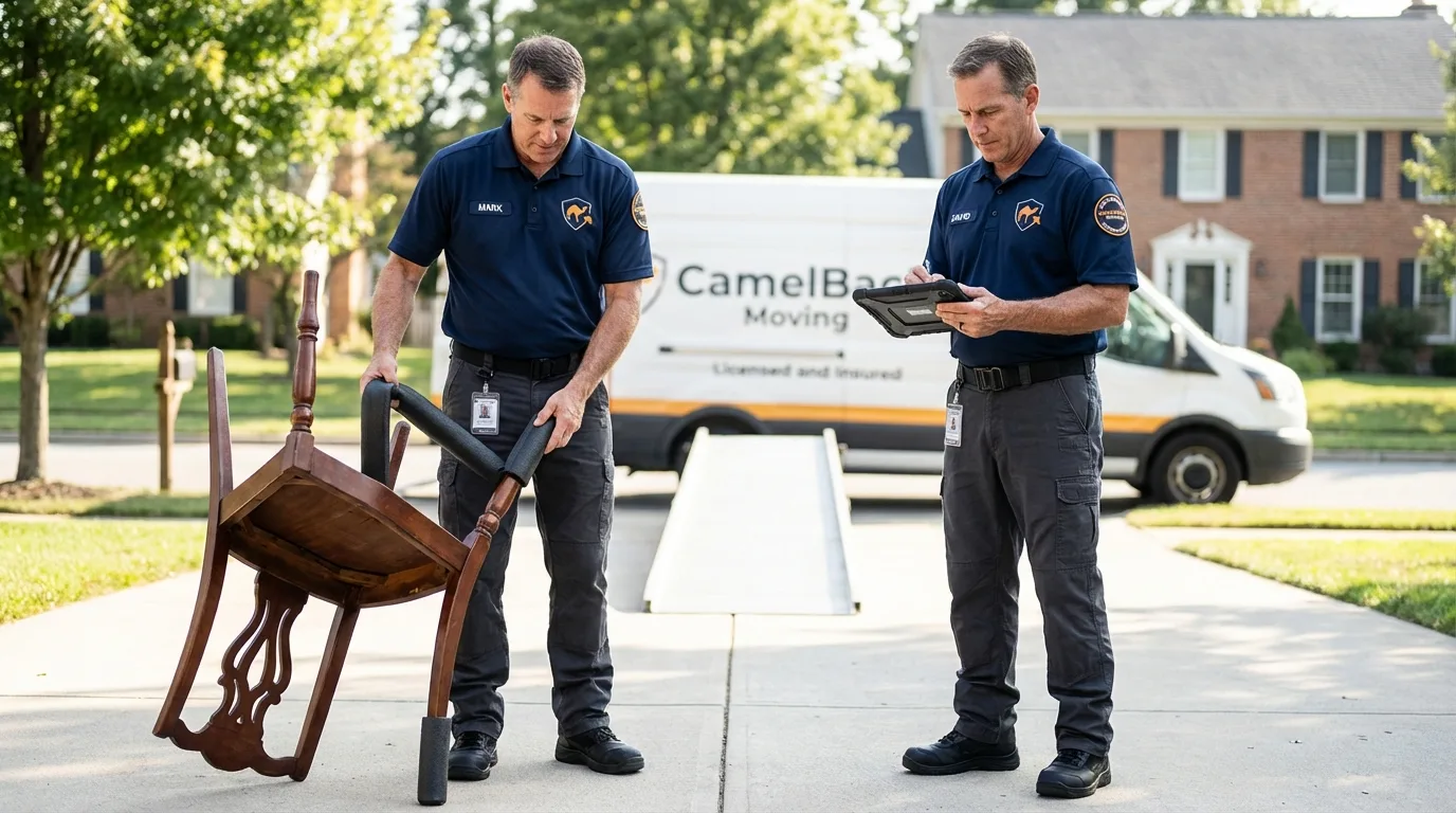 Movers inspecting furniture for damage prevention before loading in Parkersburg, IA