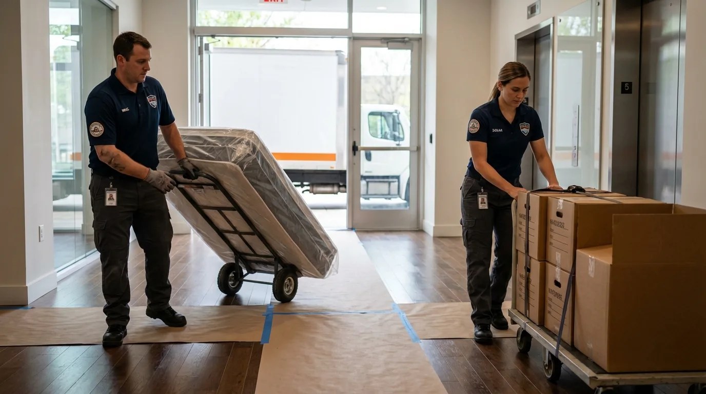 Professional apartment movers loading elevator in Parkersburg, IA