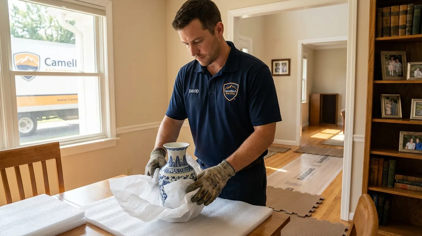 Professional crew carefully wrapping antique vase for senior downsizing move in Parkersburg, IA